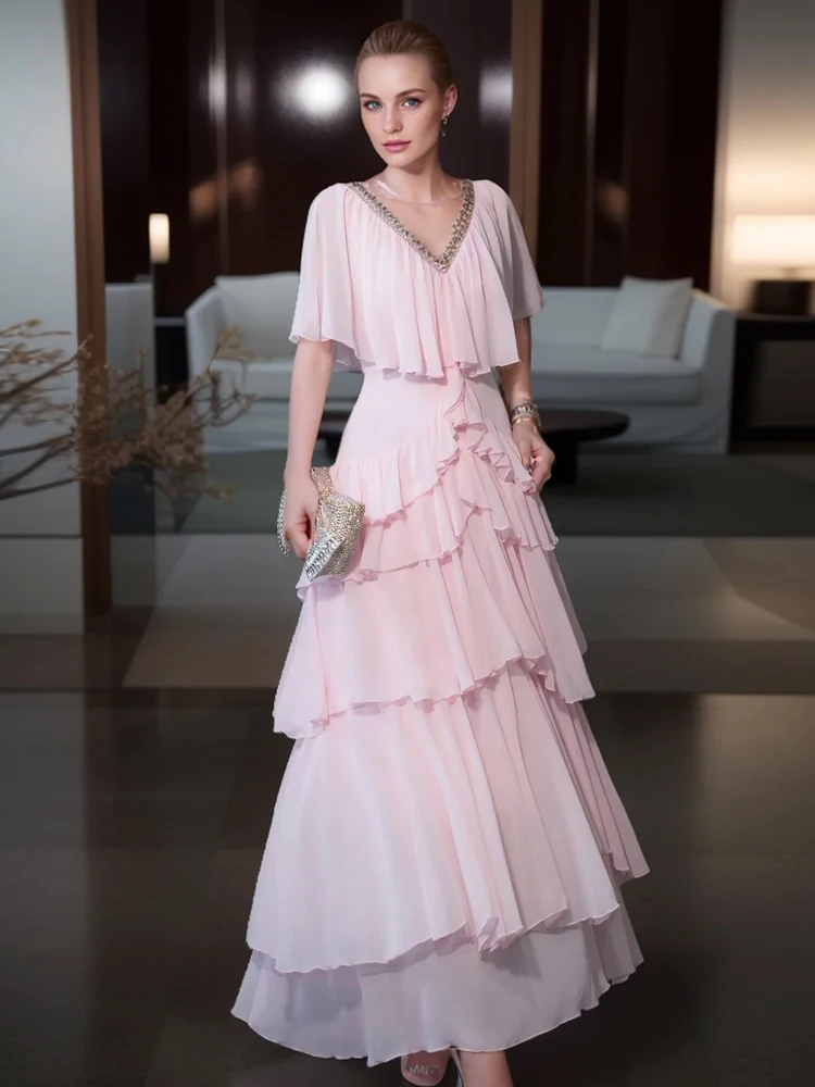 

SEQINYY Elegant Long Dress Summer Spring New Fashion Design Women Runway Beading V-Neck Mesh Spliced Ruffles Chiffon Party