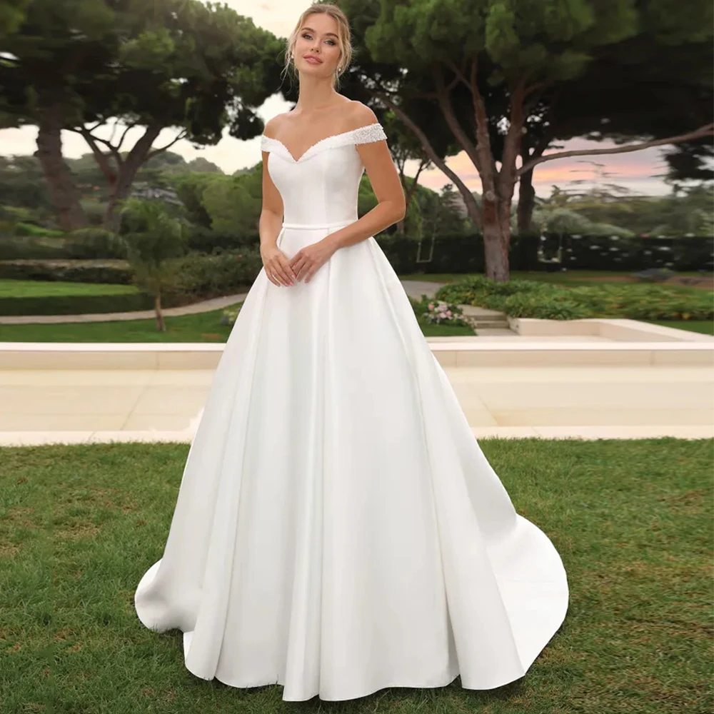 Simple Satin Off the Shoulder Wedding Dress 2024 Pure White Button Back A-line Bridal Gown High Quality Wedding Gown Custom Made