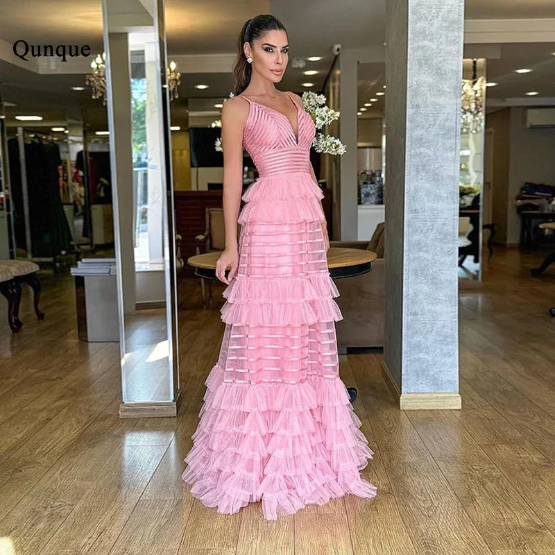 Qunque Pink Spaghetti Straps Prom Dresses Skirt Tiered Customized Long Evening Gowns Ceremony Formal Party Wear Robes De Soirée