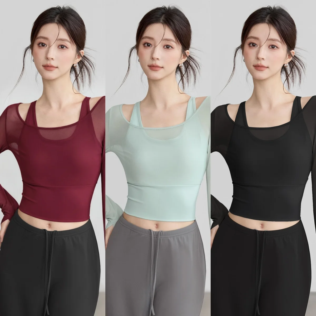 Women's Fake Two-Piece Workout Top, Mesh Long Sleeve Shirt with Built-in Bra, Tummy Control Fitness Wear