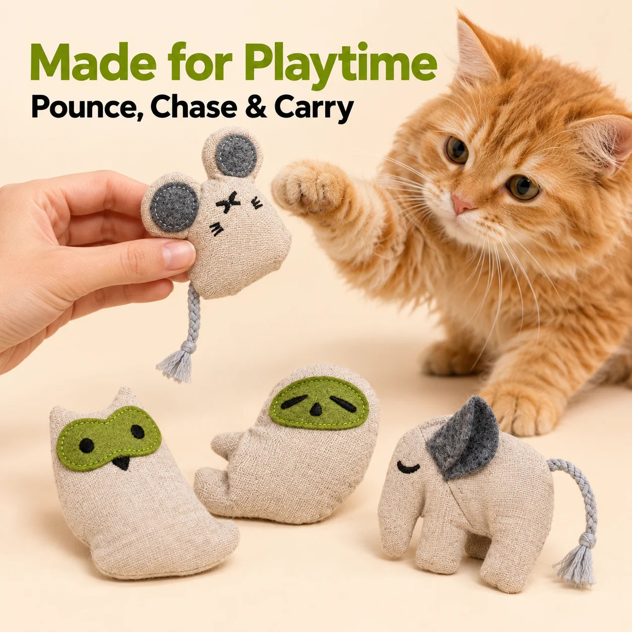 Catnip Interactive Plush Mouse - 고양이 캣닢 장난감, 면과 린넨 소재의