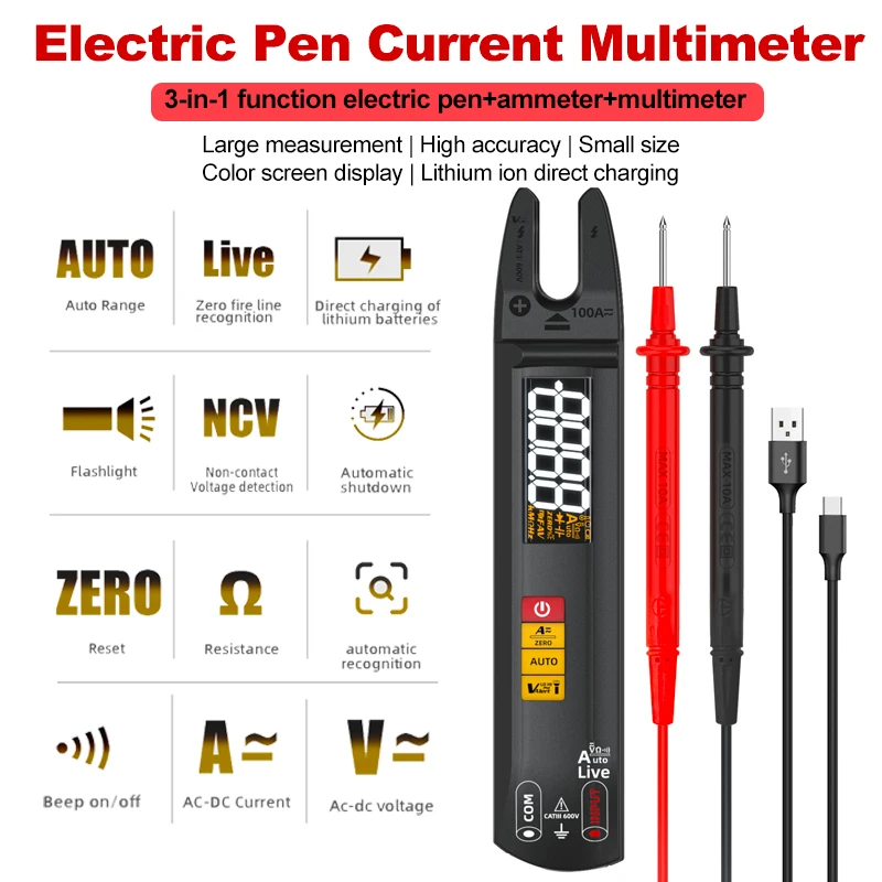 New Rechargeable Digital Clamp Meter Fork DC AC 100A Smart Ammeter T-RMS Current Auto Multimeter Voltage Ohm Electrical Tester