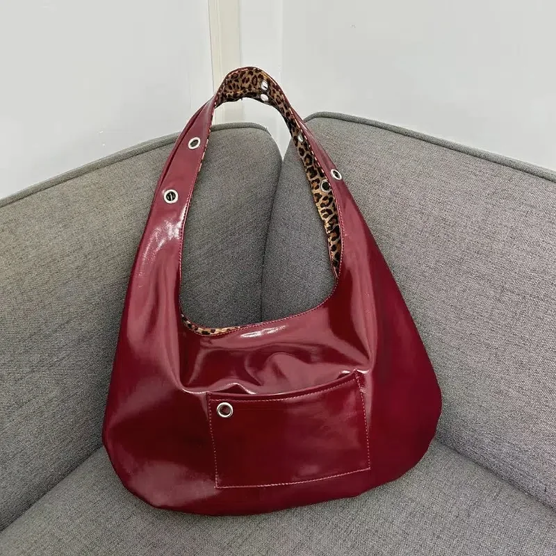 

French Retro Handbag Fashion Leopard Print Reversible Women' Shoulder Bag New Wine Red Cool Hot Girl Advanced Versatile Tote Bag