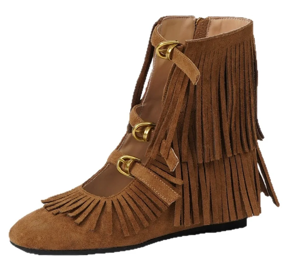 

2026 Women's Summer Retro Fringe Ankle Boots Lace Up Cowboy Western Boots Exotic Style Fashion Open Toe Chunky Heel Suede