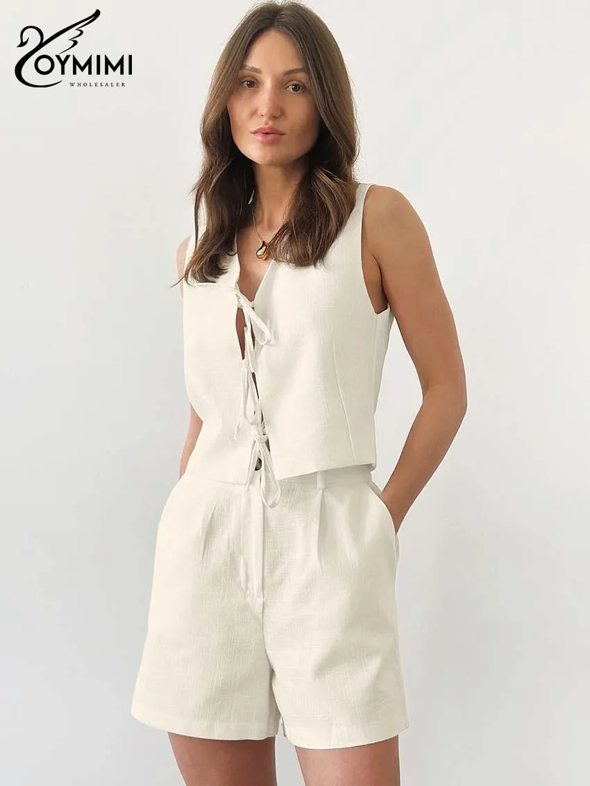

Oymimi Women's Apricot Textured 2-Piece Set 2026 Spring Sleeveless Lace-Up Tank High-Waist Shorts Simple Casual Office Outfit