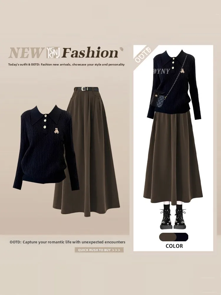 Loose Knitted Sweater High Waist Pleated Skirt Set Winter Faion College Sle One Whole Outfit Casual Chic Women Set