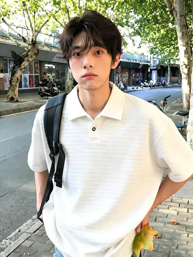 Summer Breathable Short Sleeve  Shirt Men's Sea Eagle Collar T-Shirt American Retro Stripes Half Sleeve Casual Fashion