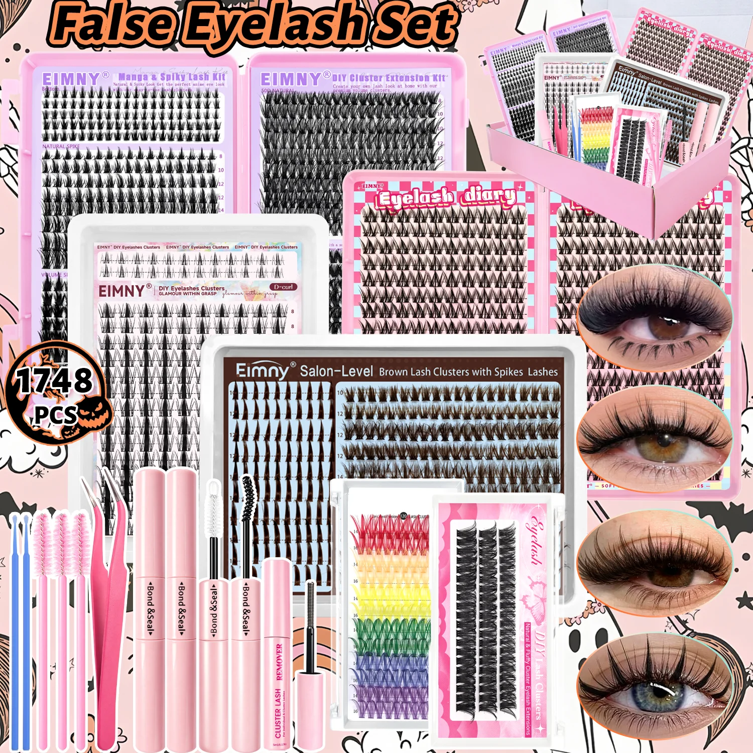 720/200-teiliges Wimpernverlängerungsset, flauschiges Wimpernverlängerungsset mit Wimpernbindung und Dichtung, Wimpernpinzette, dicke Wimperncluster, Wispy