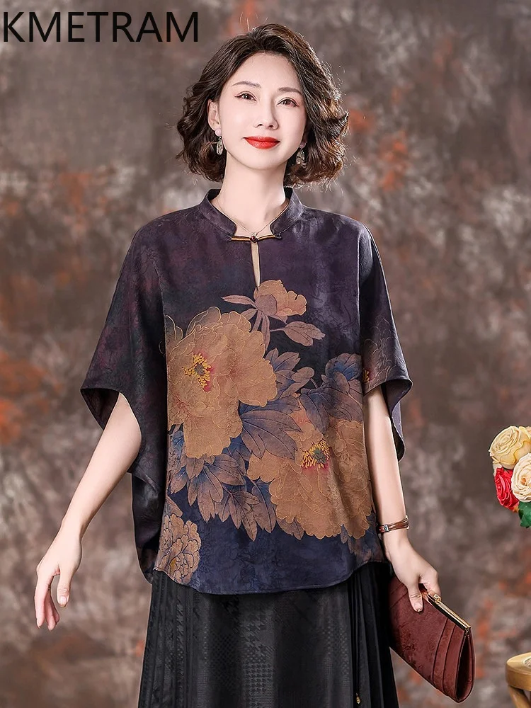 KMETRAM 100% Mulberry Silk Xiangyunsha Women Shirt 2026 Spring Chinese-style Loose Floral Pattern Half-sleeved Shirts Ropa Mujer