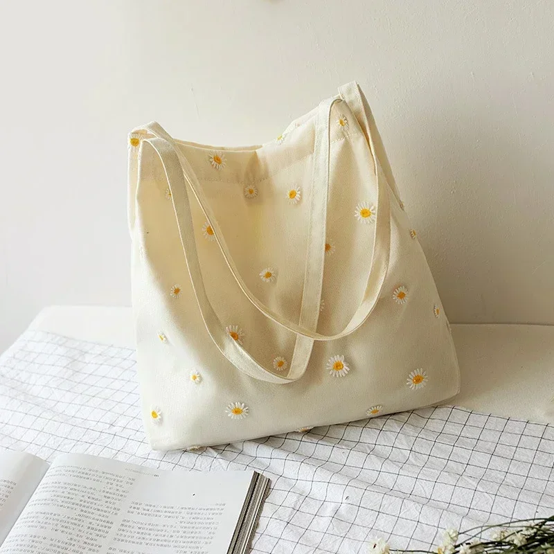 Spring/Summer New Canvas Bag Women\'s Single Shoulder Bag Korean Ins Lace Mesh Daisy Cloth Bag Handbag