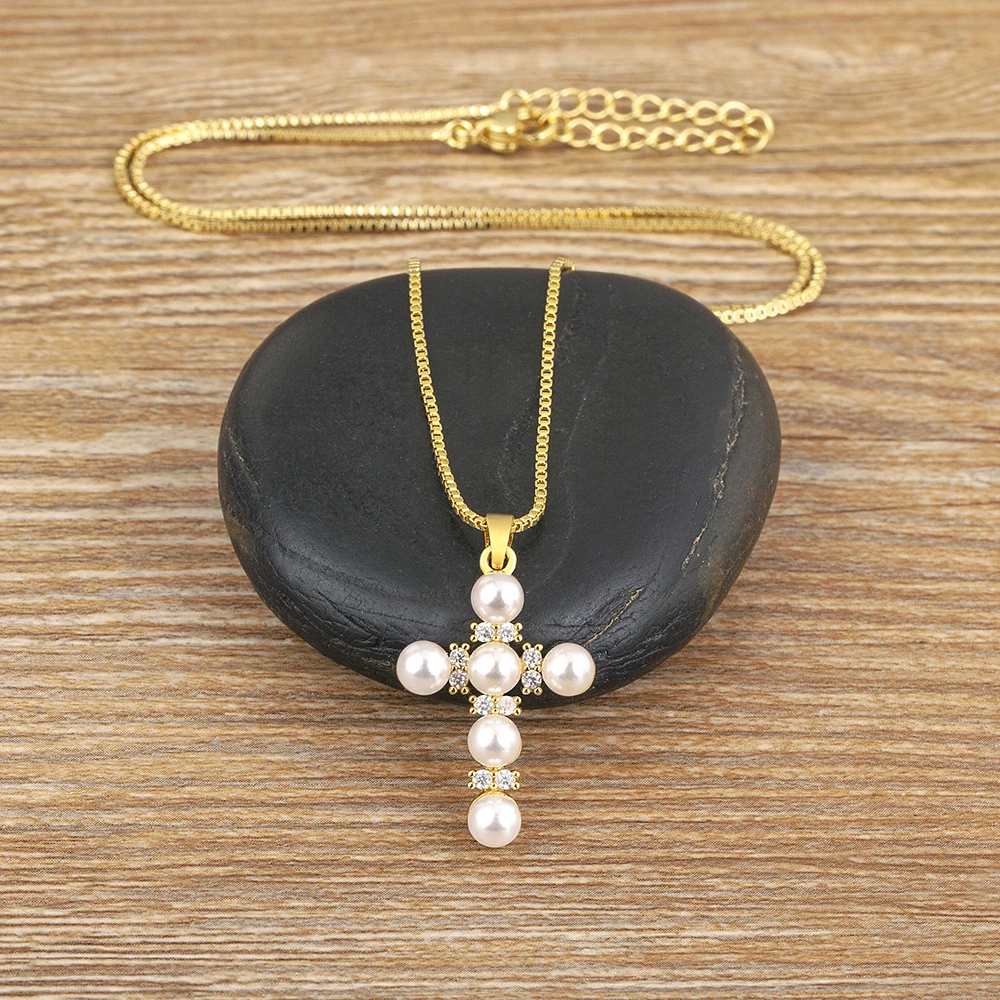 Nidin واضح كريستال الصليب القلائد للنساء النحاس الذهب مطلي اللؤلؤ الأبيض قلادة الدينية الكاثوليكية مجوهرات اكسسوارات هدية #5