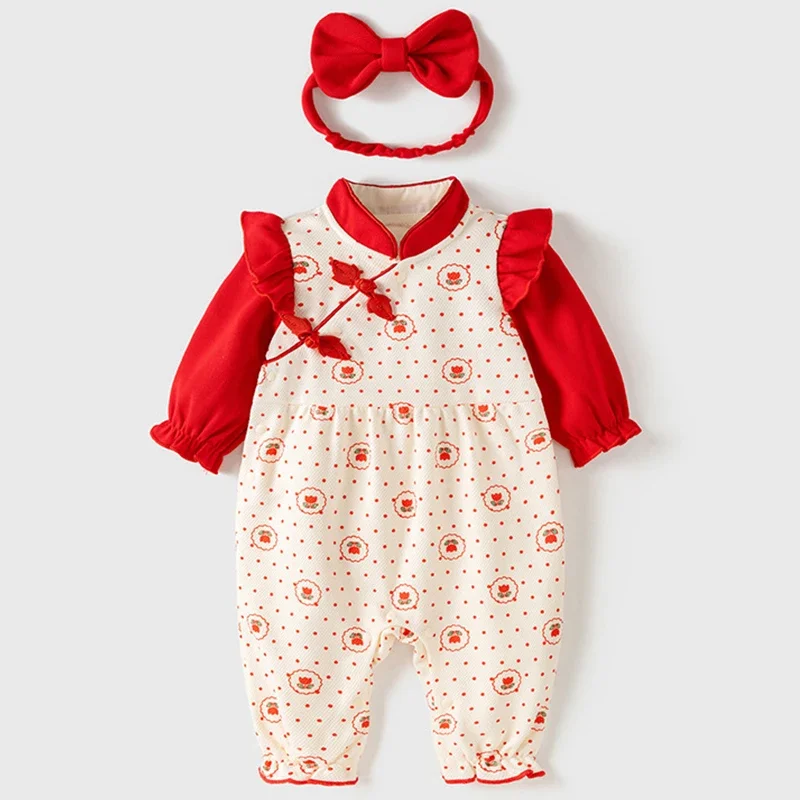 Autumn Newborn Girls Clothes Chinese Style Cute Dot Flowers Cotton Long Sleeve Jumpsuits Rompers+Hair Band Baby Clothing BC536