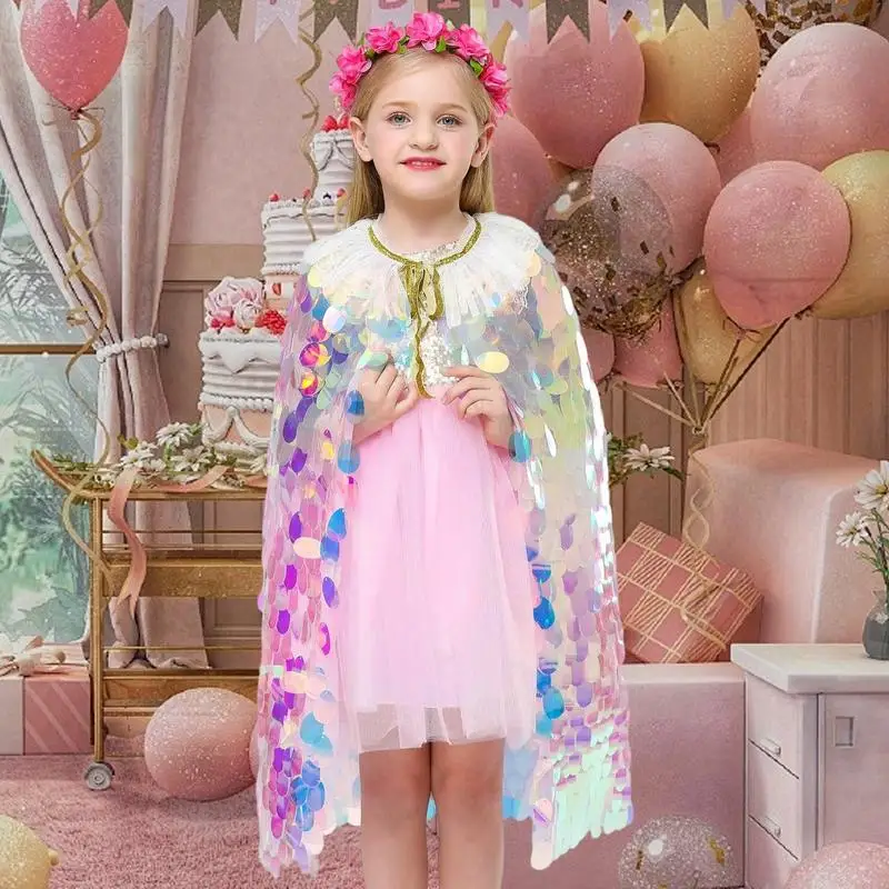

Princess Dress Up Rainbow Mermaid Cape Kit Iridescent Dress Up Sparkly Cloak Princess Sequin Fancy Cosplay Costume for 3-8 Years