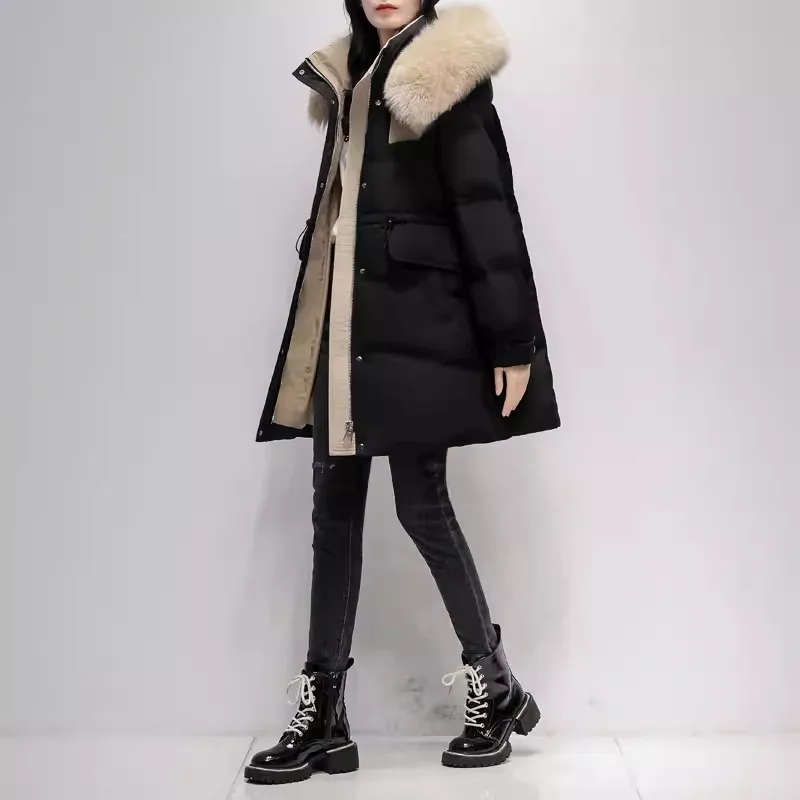 Winter Natural Fox Collar Hooded Down Jacket 2024 New Korean Fashion White Duck Down Thicken Coat Warm Female Parkas Overcoat