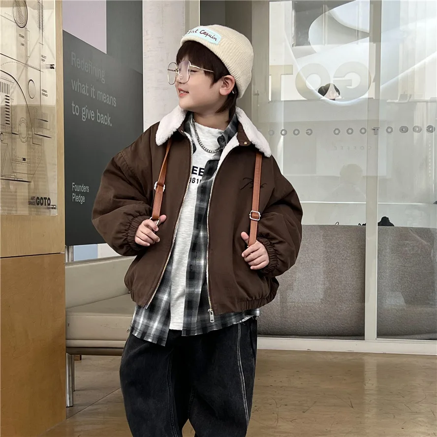 

Children Clothing Boys Casual Jacket 2023 Winter Autumn New Fashion Thickened American Vintage Style Lamb Wool Embroidery Coat