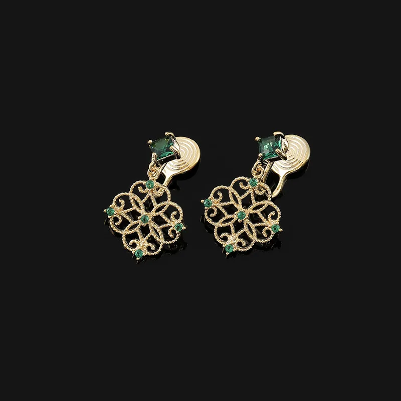 New Chinese Style Green Zircon Earrings Retro Geometric Mosquito Coil Ear Clip No Ear Hole Accessory Gift