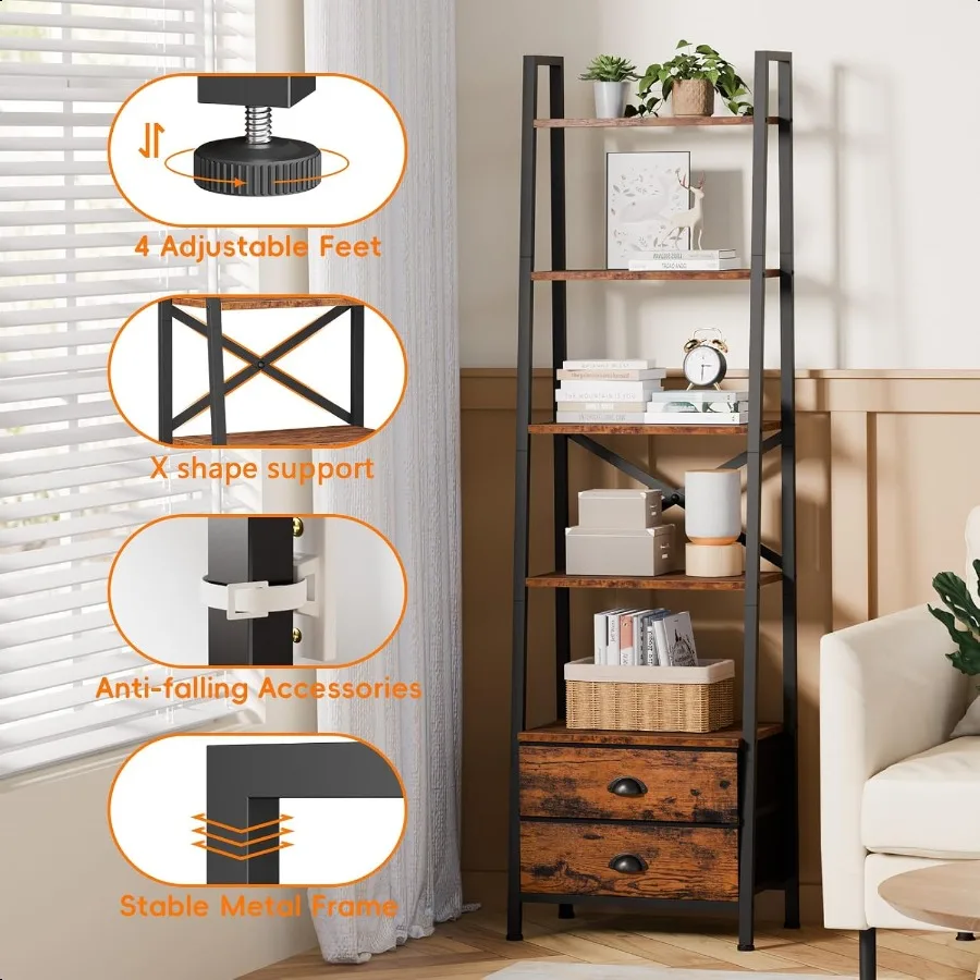 5Tier Ladder Shelf with 2 DrawersNarrow Bookshelf Storage Shees Industrial Bookcase Freestanding Rack Units for Bedroom Living