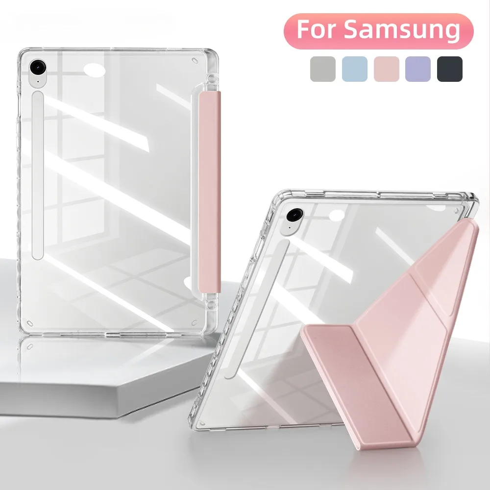 Clear Acrylic Case For Samsung Galaxy Tab S10 Plus 12.4 S9 11 S9 FE A9 Plus S9 FE Plus Y-shaped Casing With Pencil Holder Cover