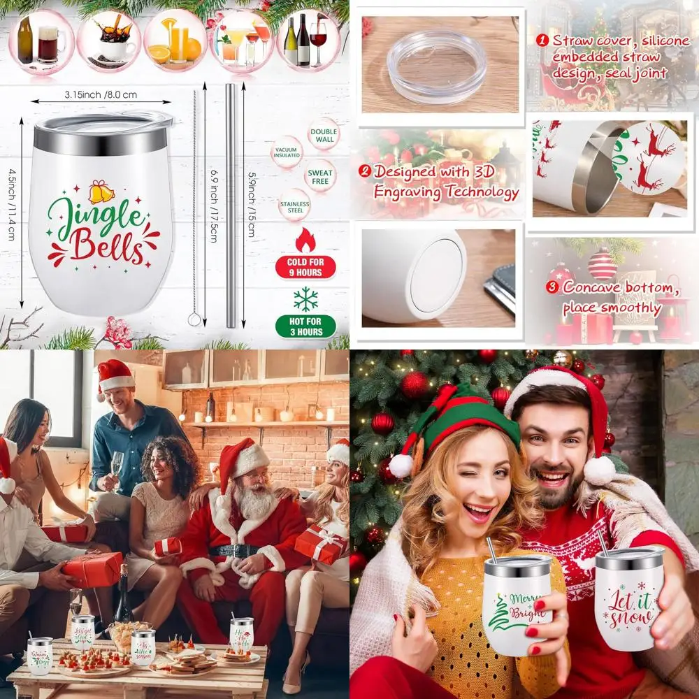 

12 oz Insulated Stemless Wine Tumblers Set - 8 Christmas Funny Cups with Straw for Holiday and Party Gifts