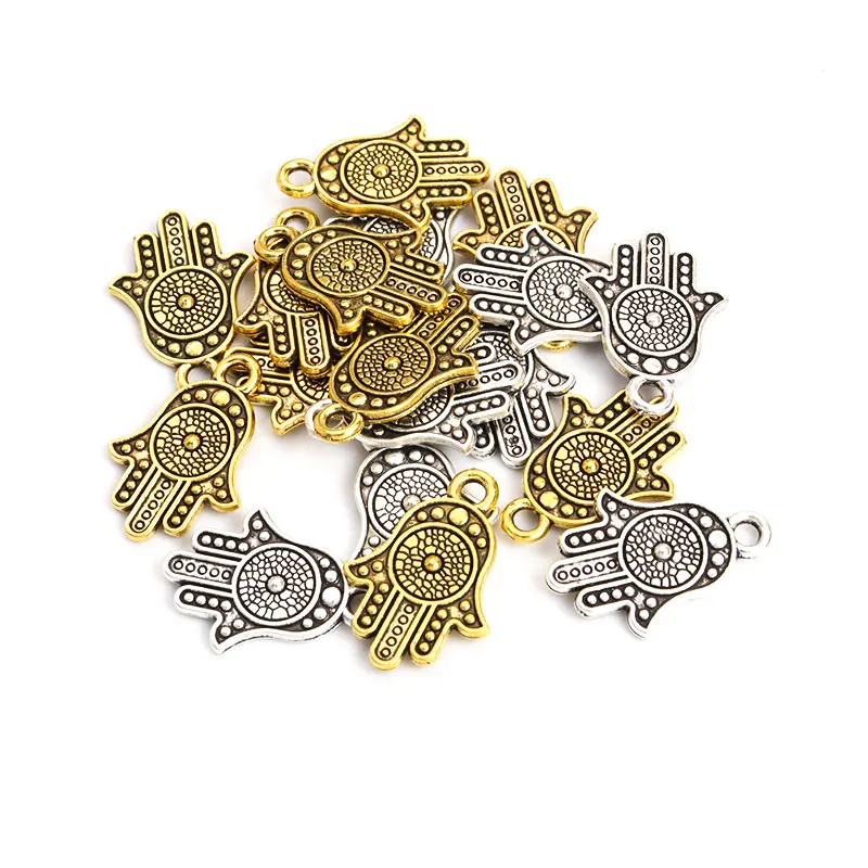 30pcs Fatima Vintage Pattern Charms Hamsa Hand Lucky Eye Antique Gold Silver Color Alloy Pendant Jewelry DIY Keyring Accessories