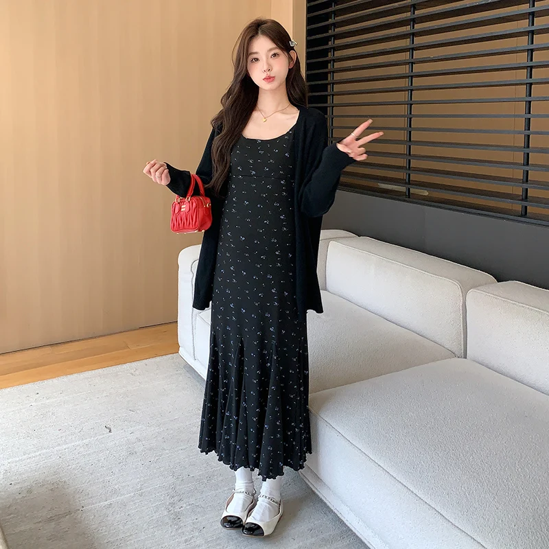 

Korean Style Autumn Maternity Floral Dress Sleeveless Fashion Printing Pregnant Woman Strap Dress Fit and Flare Pregnancy Dress