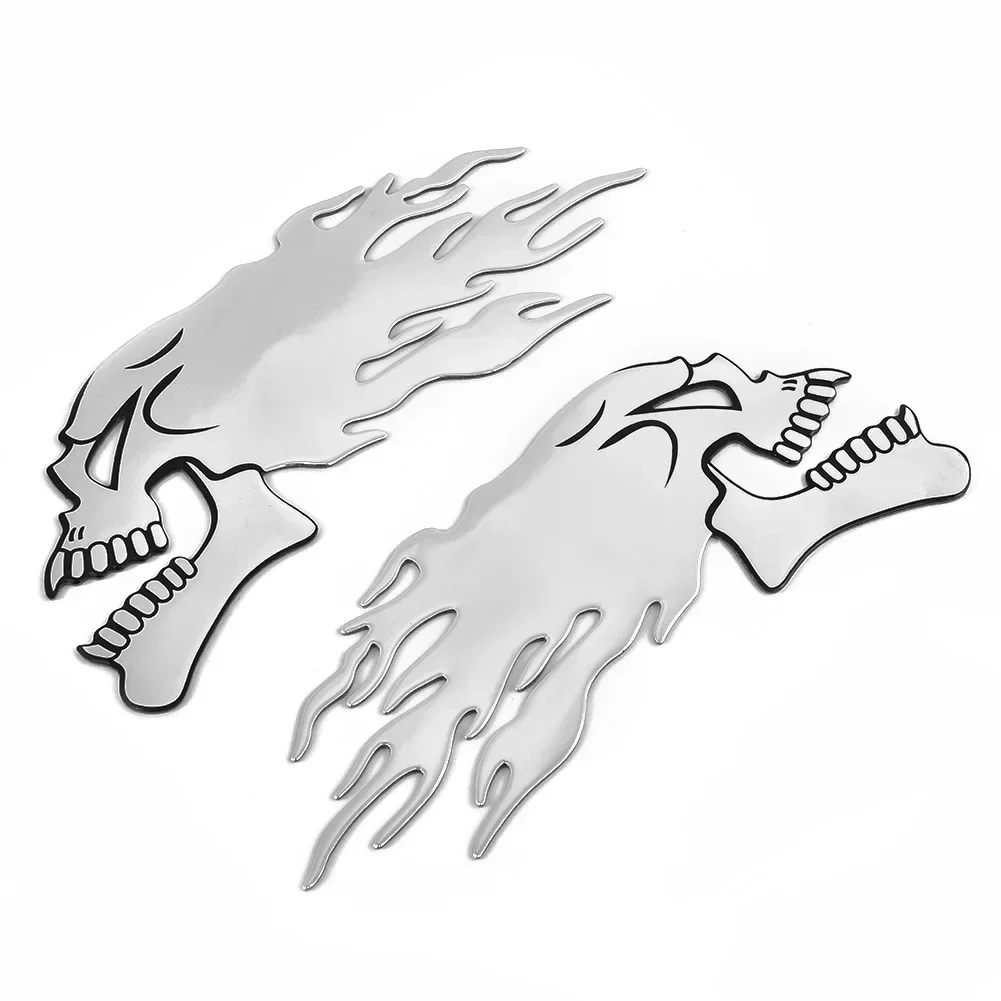 2PCS Motorbike 3D Gel Sticker Decal L/R Pair Tank Car Sliver Flaming Skull Decoration Accessories Motorcycle Protection Stickers