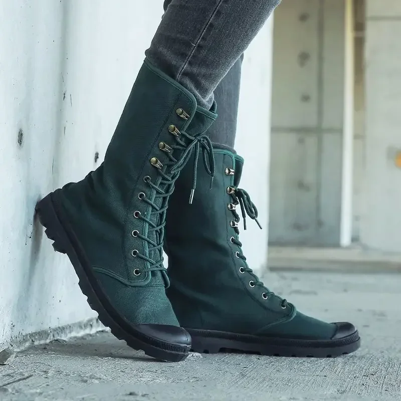 الرجال البريطانية عالية أعلى قماش منتصف العجل الأحذية ربيع الخريف في الهواء الطلق المضادة للانزلاق الرمال الغبار برهان قطعة واحدة اللسان أحذية عمل