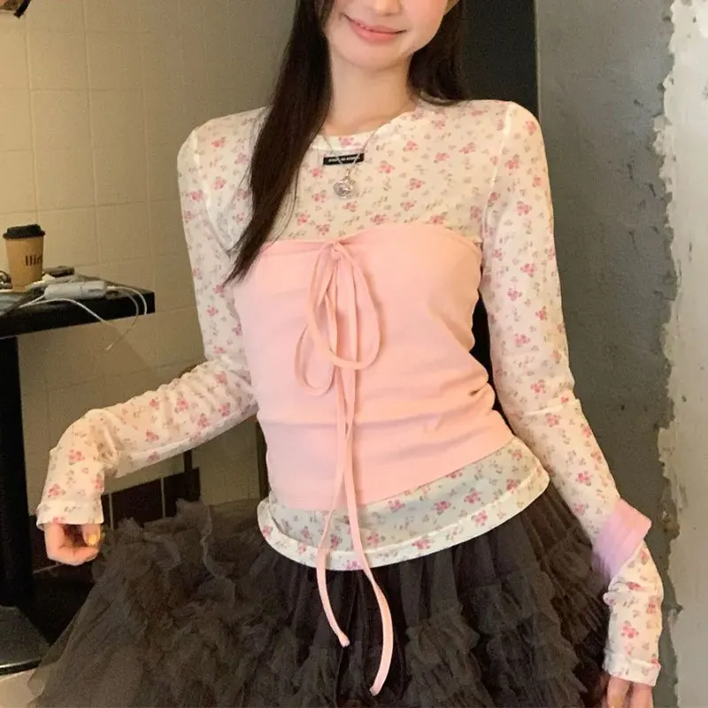 

Broken Flowers Gauze Two Piece Set Pullovers Female Clothing Long Sleeve Spring Summer Fashion Drawstring Korean Slim T-shirts