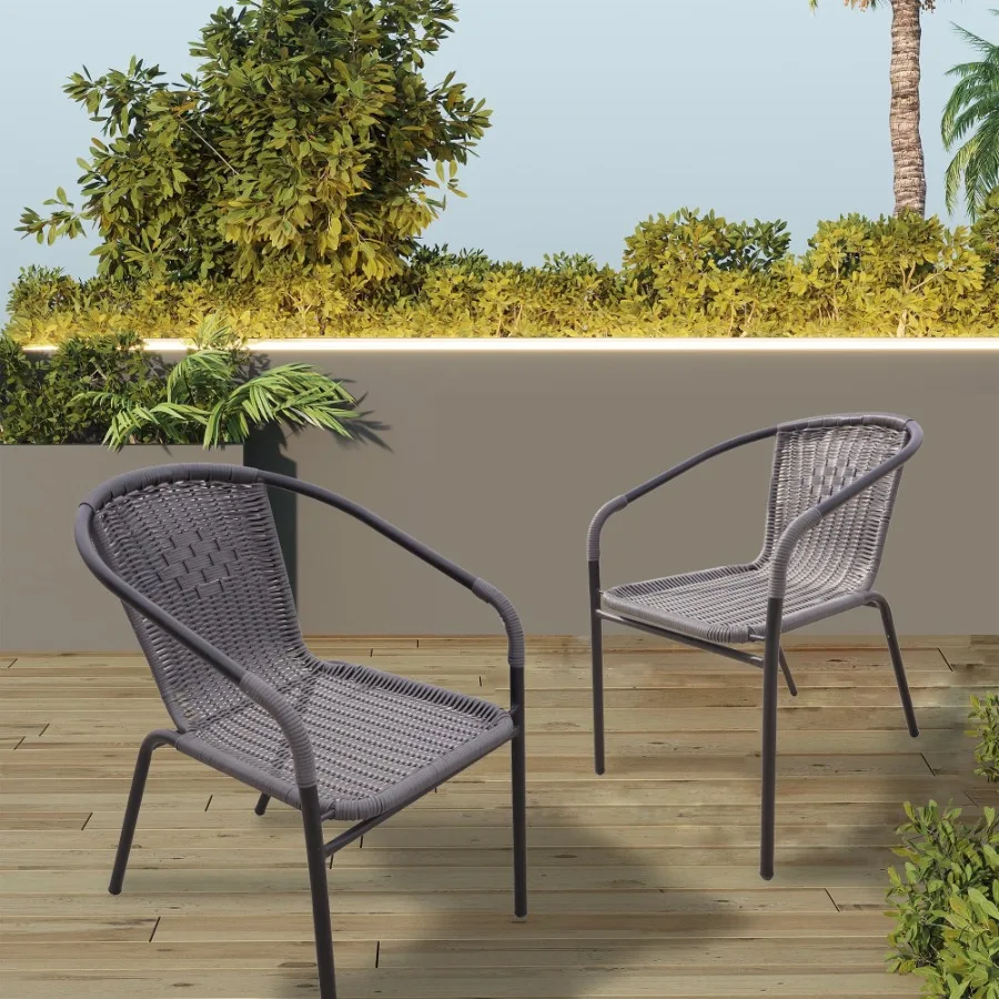

Furniture Stackable Rattan Dining Chair, Set of 2 for Indoor/Outdoor Patio Restaurant, Porch, Backyard Gray