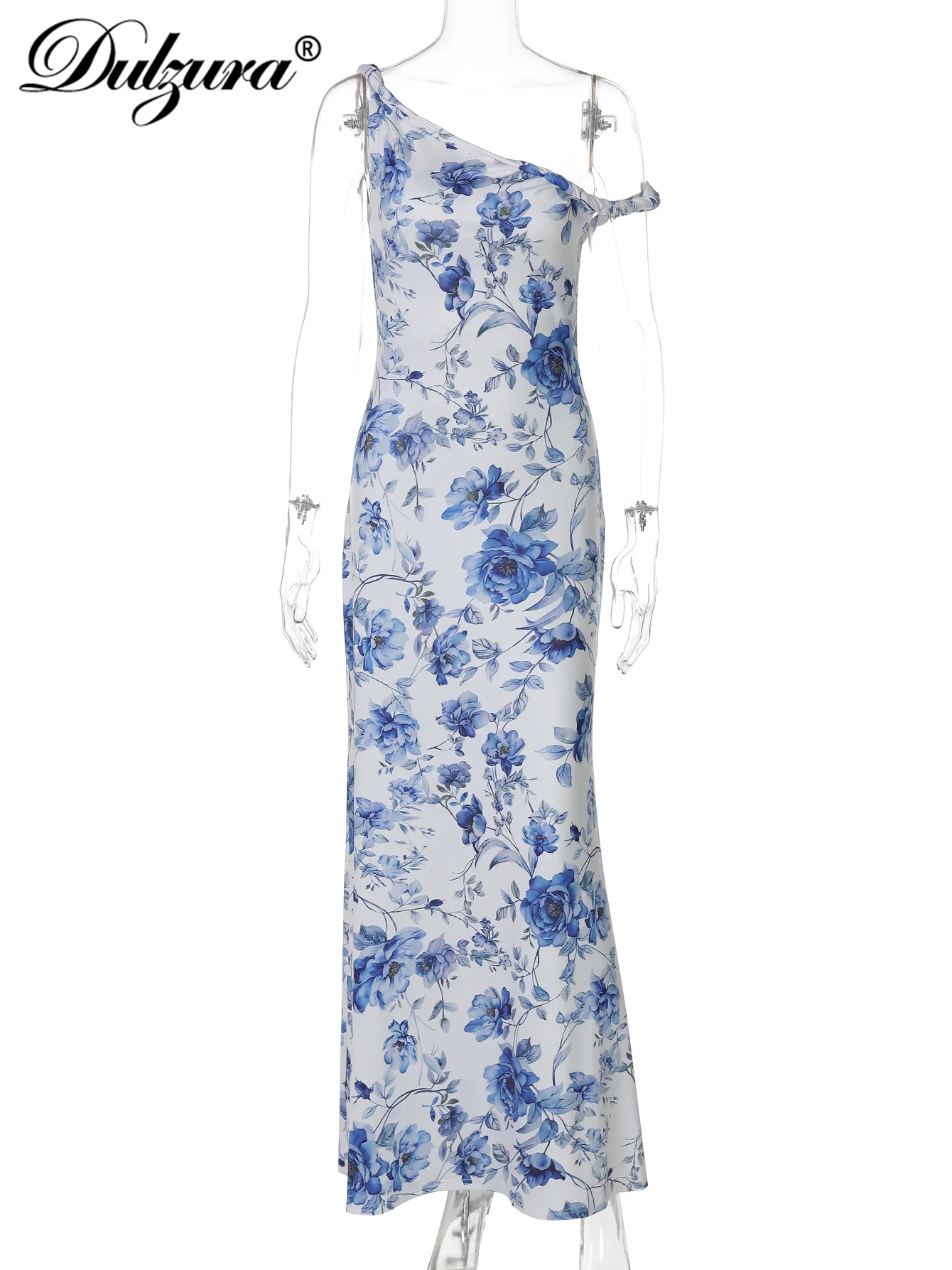 Dulzura Schräge Schulter, ärmellos, rückenfrei, figurbetont, Blumendruck, langes Kleid, sexy, elegantes Freizeitkleid, Party, Club, Sommer-Outfit