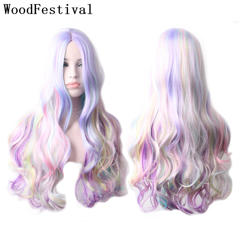 WoodFestival Synthetic Hair Colored Wigs Women Halloween Cosplay Wig Wavy Long Black Pink Red Purple Blue Green Brown Rainbow