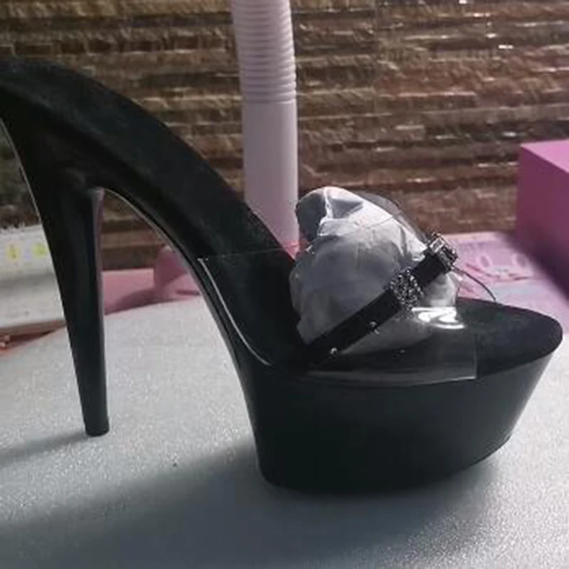 LAIJIANJINXIA New PVC Sexy Exotic Pole Dancing Shoes Summer Women Sandals 15CM High Heels Buckle Strap Size 34-46 K039