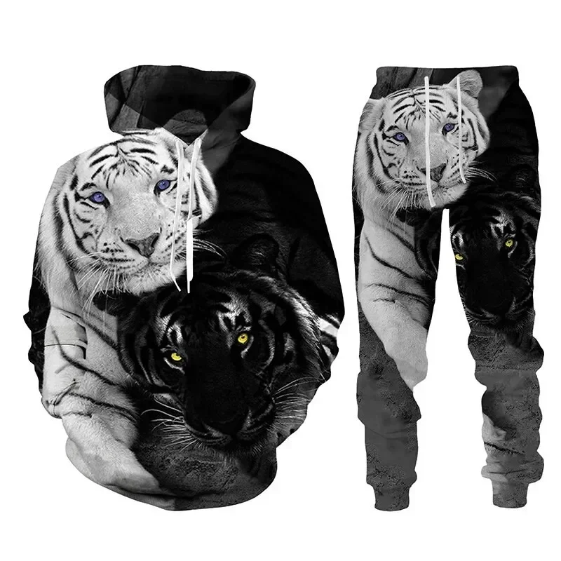 2024 New Men\'s animal tiger Hooded Sweatshirt 3D Printed Men Sportswear pants Two-piece set Autumn fashion Men clothing set