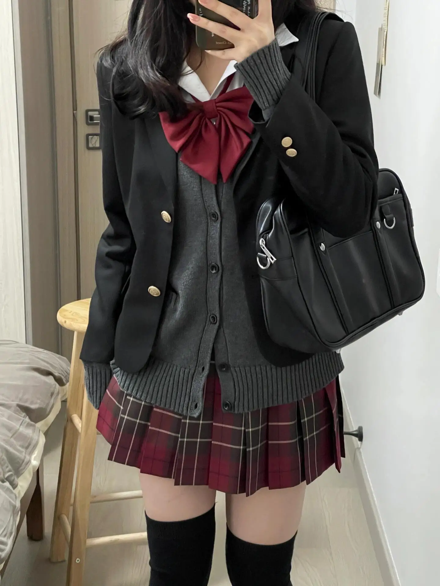 

Gray Knitted Cardigan Sweater Set Women's Fashion Stack Wear Jk Uniform Style Breathable Medium Thickness Long Sleeve