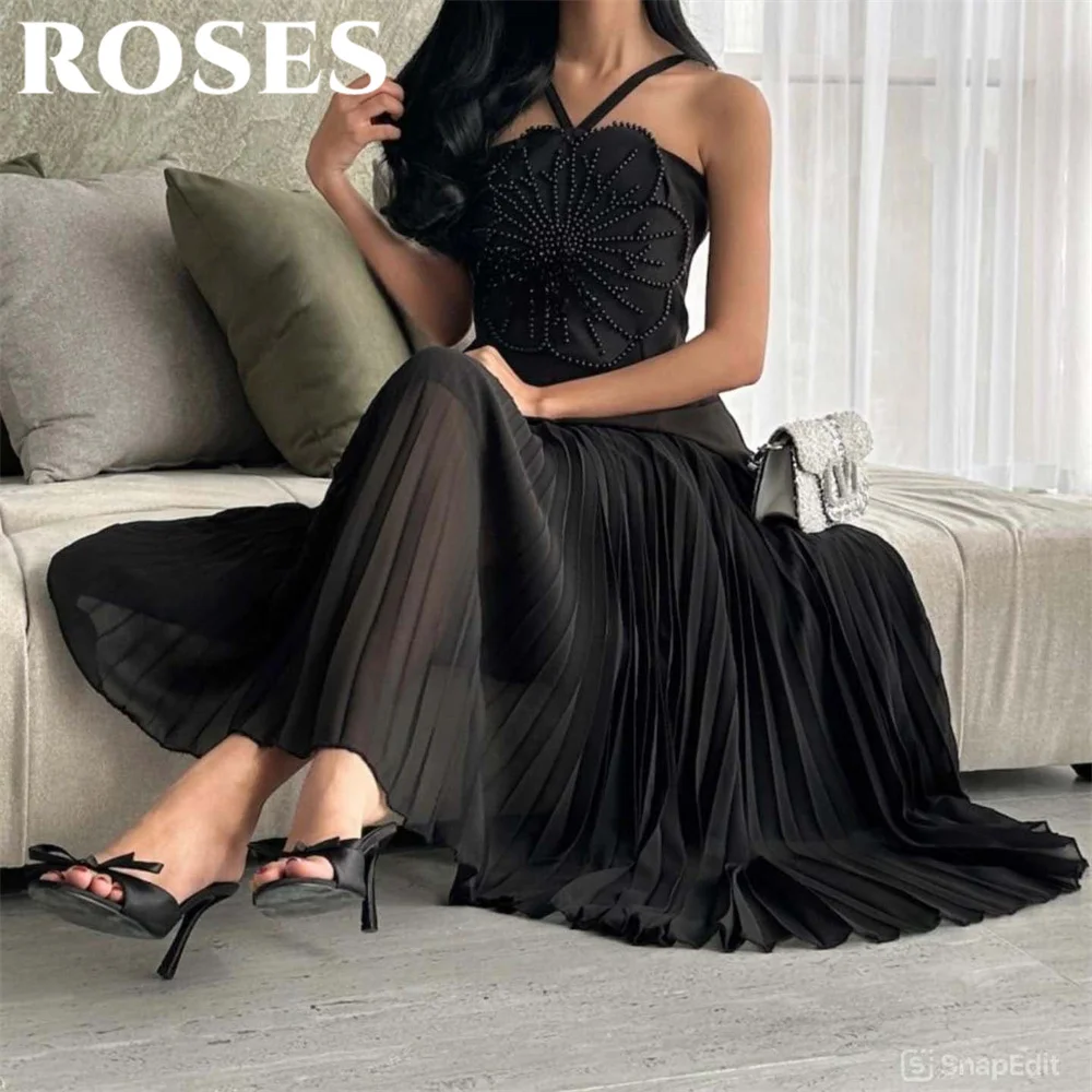 

ROSES Black Long Party Dress Beach Spaghetti Strap Night Dresses Sleeveless Pleats Beading Celebrity Dress for Woman Customized