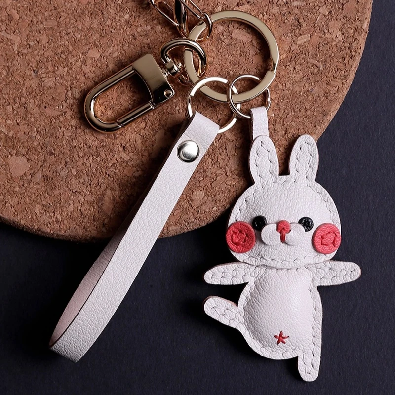 Handmade Happy Bunny Pendant,French Sheepskin Bag Pendant Phone Pendant ,Pure Handmade Genuine Leather Keychain.