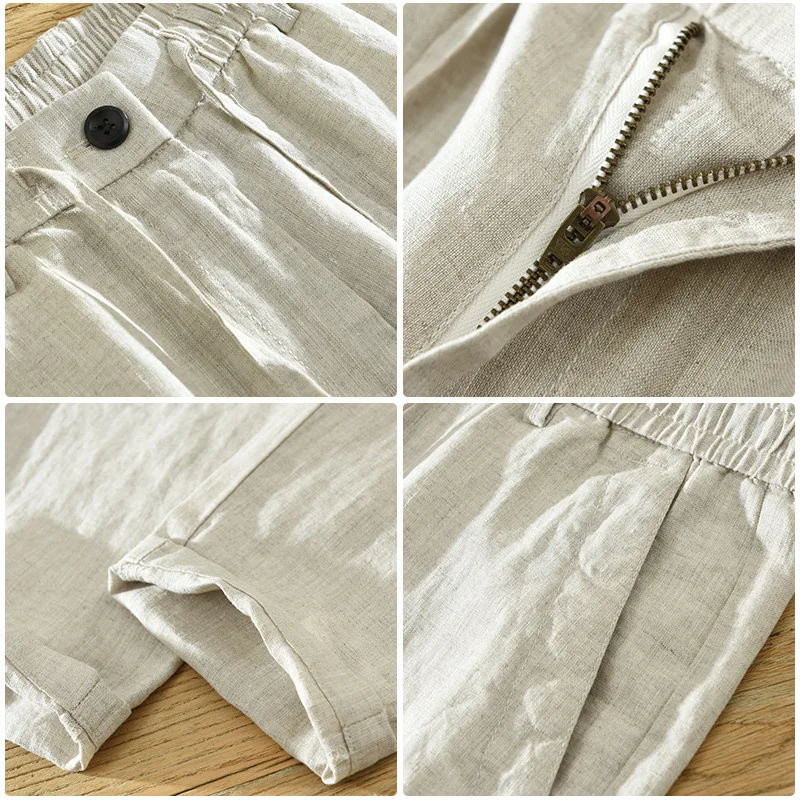 Men's Chinese Style 100% Linen Pants - Year-Round Japanese-Inspired Retro Loose Straight-Leg Casual Cropped Trousers Summer