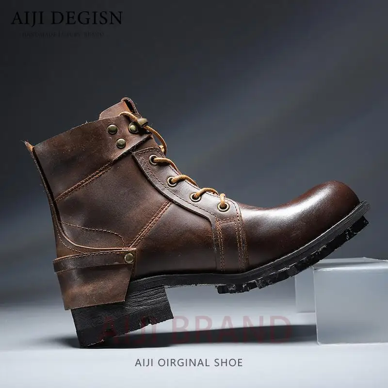 

Genuine Leather Retro Ankle High Top Outdoor Hiking Work Shoes Desert Boots Handmade Men Vintage Motorcycle Boots