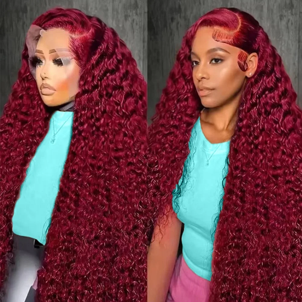 36 дюймов 99J Бордово-красный цвет Глубокая волна Парик фронта шнурка 200 Плотность 13x4 13x6 HD Прозрачный фронтальный парик шнурка 100% человеческие волосы