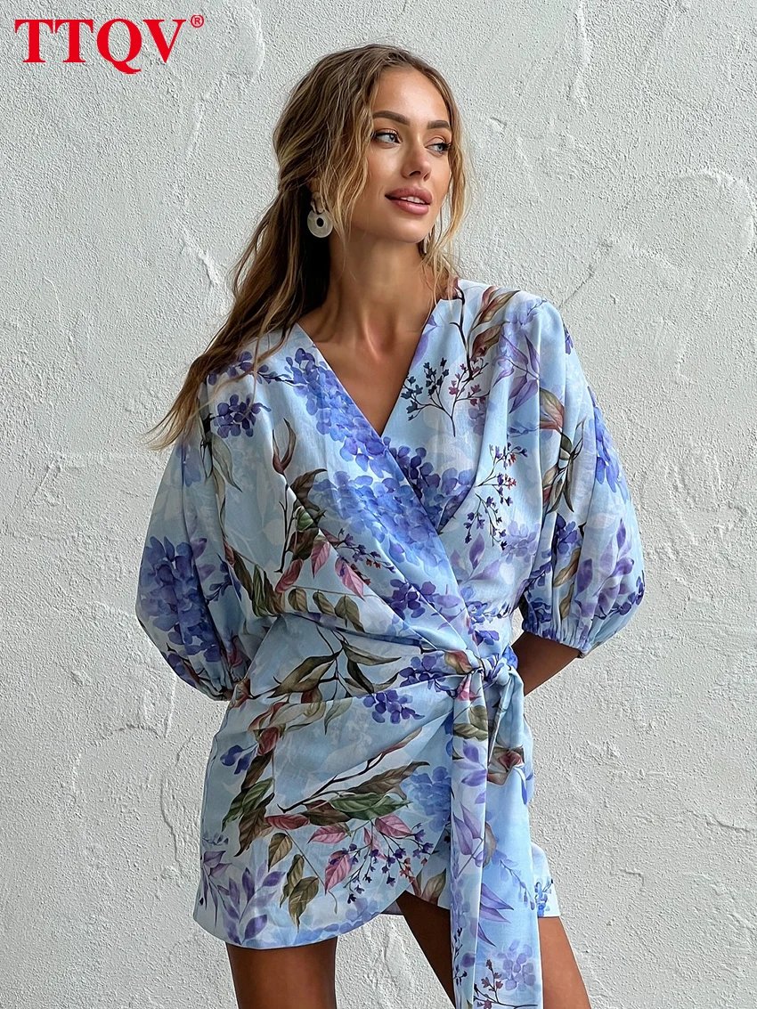 

TTQV Spring Loose Print Women's Dress 2026 Sexy V-Neck Long Sleeve Mini Dresses Elegant Classic Lace-Up Female Dress Streetwear