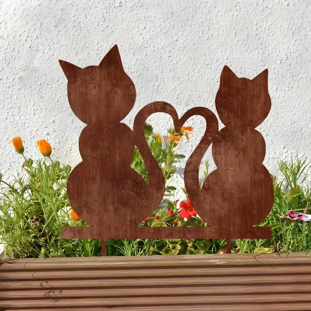 1pc Rusty Metal Cat Garden Insert Plaque 30cm,Natural Style Outdoor Yard Art Decor for Garden Balcony Patio