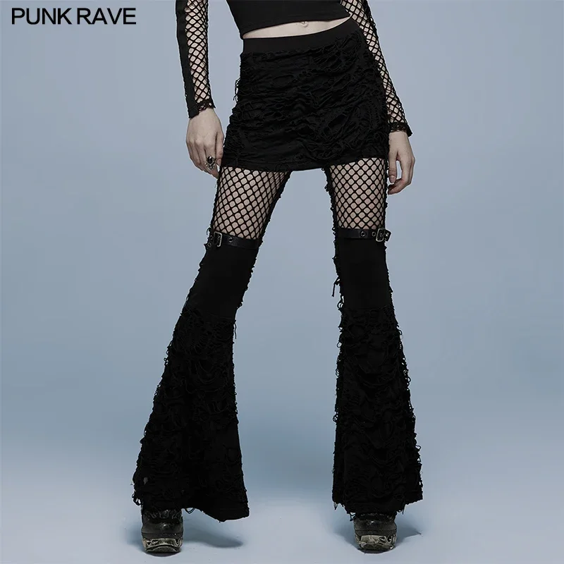 

PUNK RAVE Women's Gothic Skirt-like Cutting and Mesh Together Flare Pants Punk Sexy Transparent Black Trousers Spring/Autumn