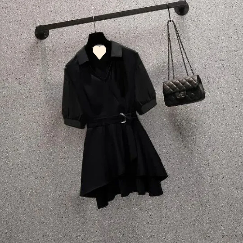 Women Shirt Dress Lapel V Neck Long Sleeves Irregular Hem Waist Tight Adjustable Belt Pullover Shirt Top Female Clothing 2025