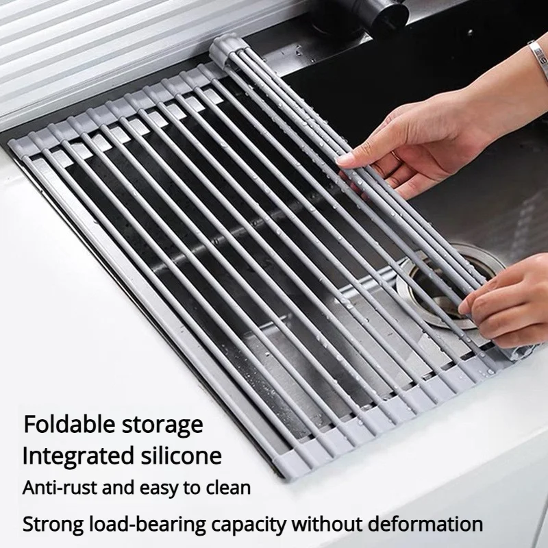 Silicone Rubber Roller Shutter Sink Water Filter Rack, Bowl, Plate Chopstick Storage Rack, Foldable Kitchen Water Draining Rack