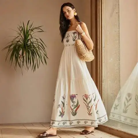 فستان ماكسي فضفاض بدون حمالات مطبوع للربيع والصيف، تصميم جديد للنساء، فستان طويل كاجوال بخصر مطاطي وأكمام طويلة على الطراز ال...