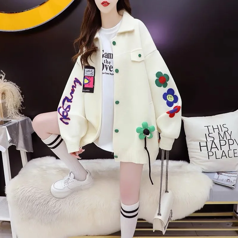 Hsa 2023 Women Sweater Cardigans Long Sleeve Black White Floral Kawaii Patchwork Chic Soft Warm Cardigans Chic Knitted Jackets