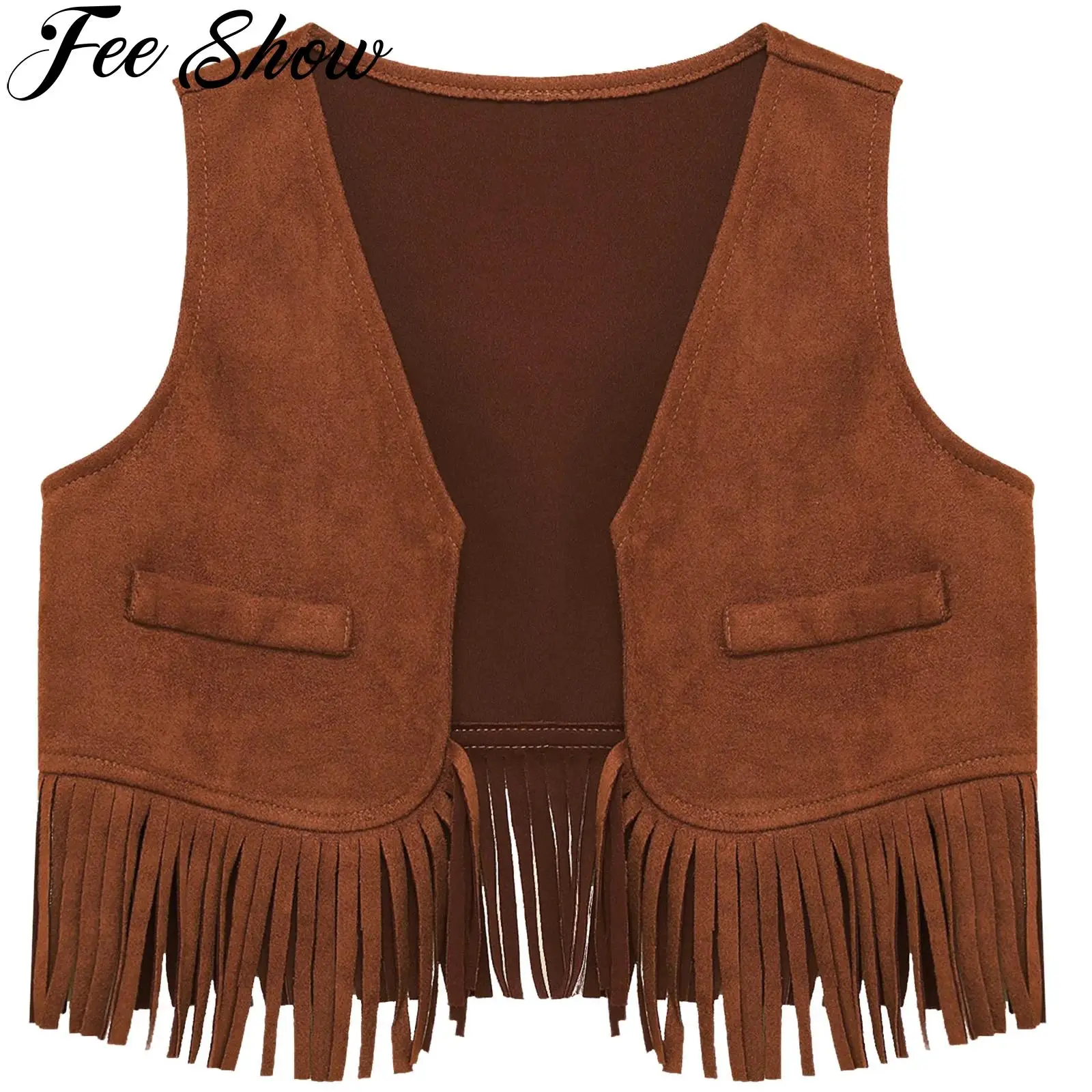 Baby Boys Girls Western Cowboy Suede Vest Sleeveless Open Front Fringe Tassel Waistcoat Halloween Party Cosplay Dress Up Costume