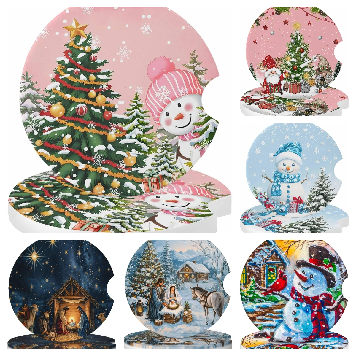 

Snowman Christmas Car Coasters for Cup Holders Set of 2 Absorbent, 2.56" Ceramic Drinks Cupholder Coasters with Finger Notch