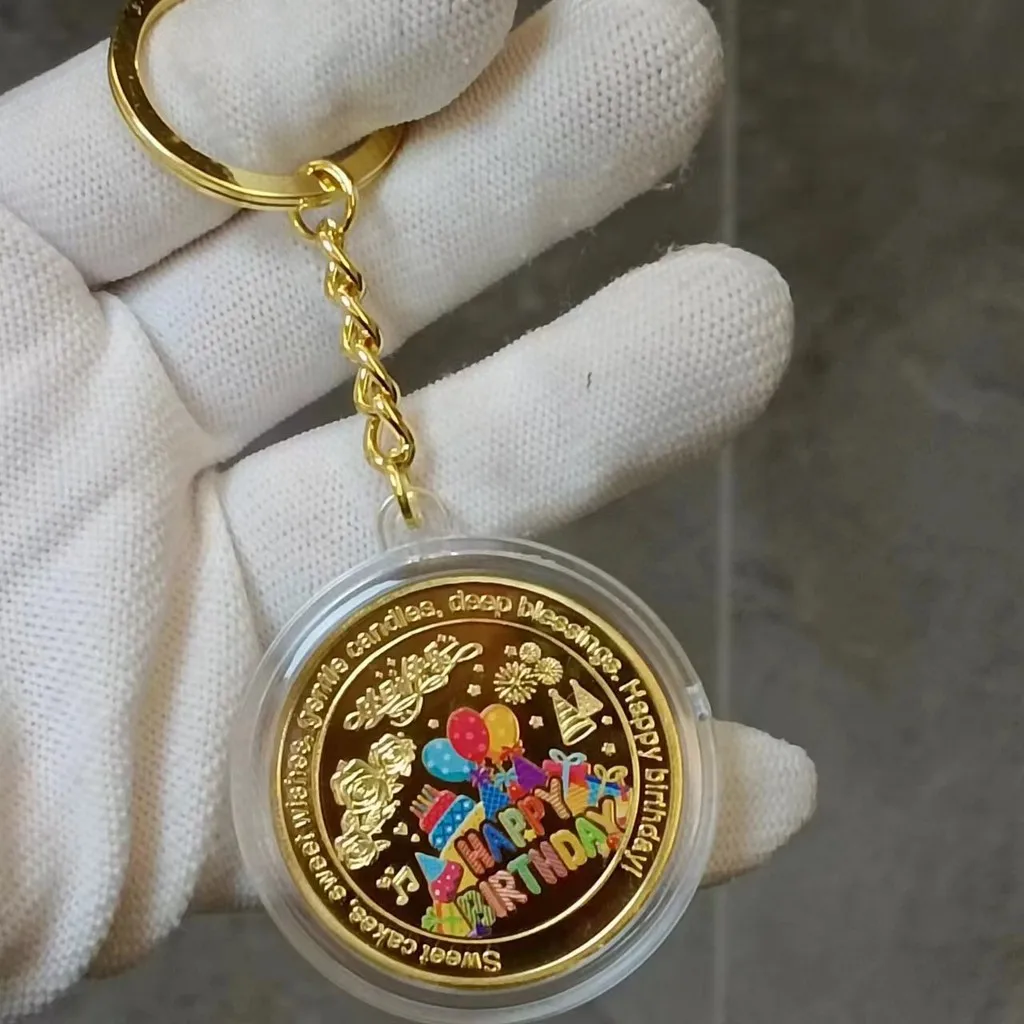 

2 PCS Birthday Commemorative Coin Desktop ornament gold coin Keychain pendants Commemorative Medal Coin Birthday Gift
