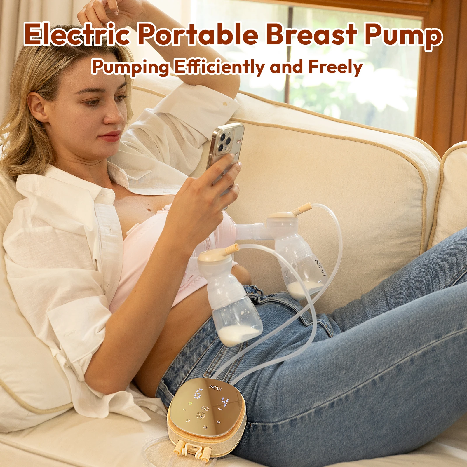 NCVI Double  Electric Breast Pump,4400mAh Battery Low Noise Adjustable Milk Pump with  21/24/28/32mm Flanges with LED Display